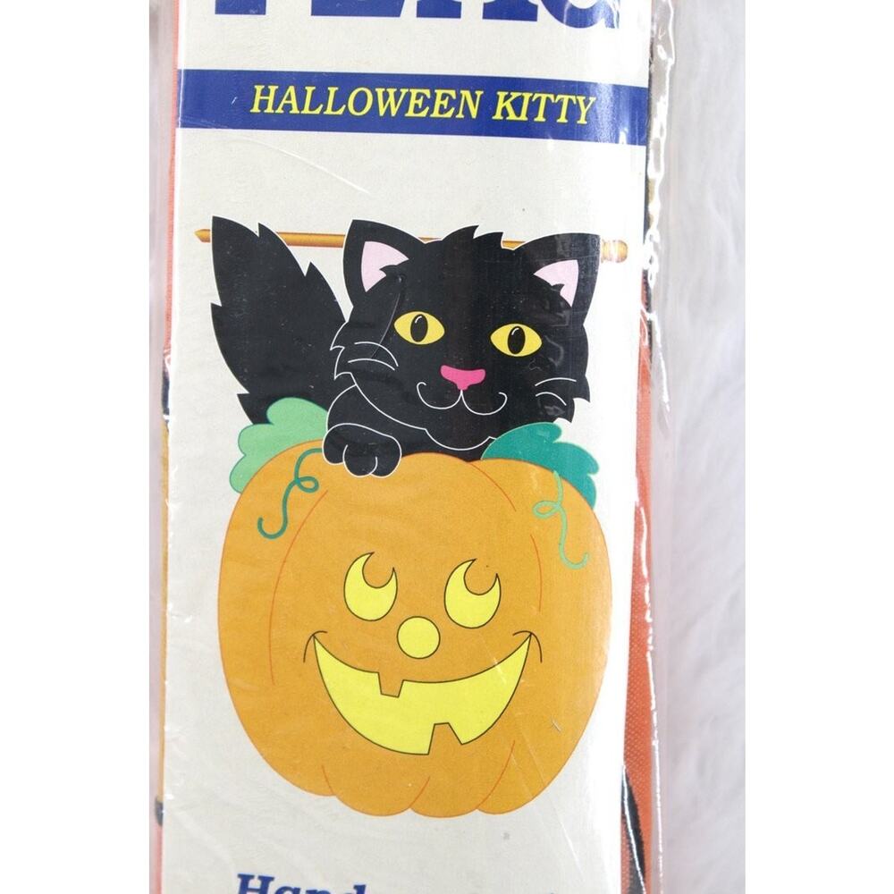 Vtg 1999 Halloween Black Cat Jack O Lantern Large Flag Sculpted Banner 28" x 40"